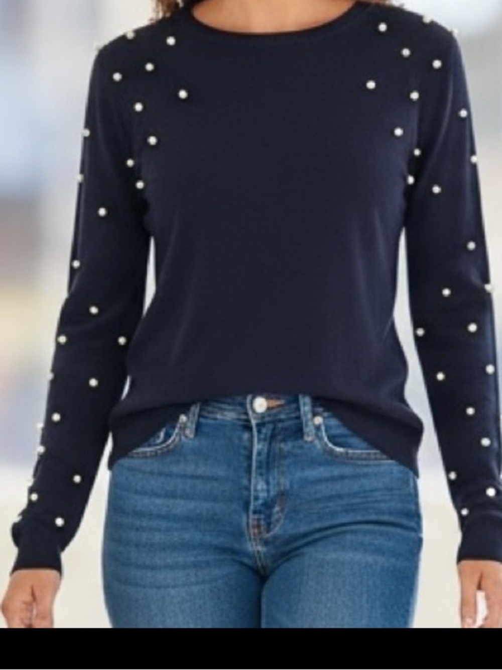 Zara Black Long Sleeve Knit Sweater Top with Pearl Embellishment Small